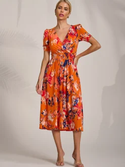 Short Sleeve Printed Jersey Midi Dress, Orange Abstract