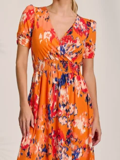 Short Sleeve Printed Jersey Midi Dress, Orange Abstract