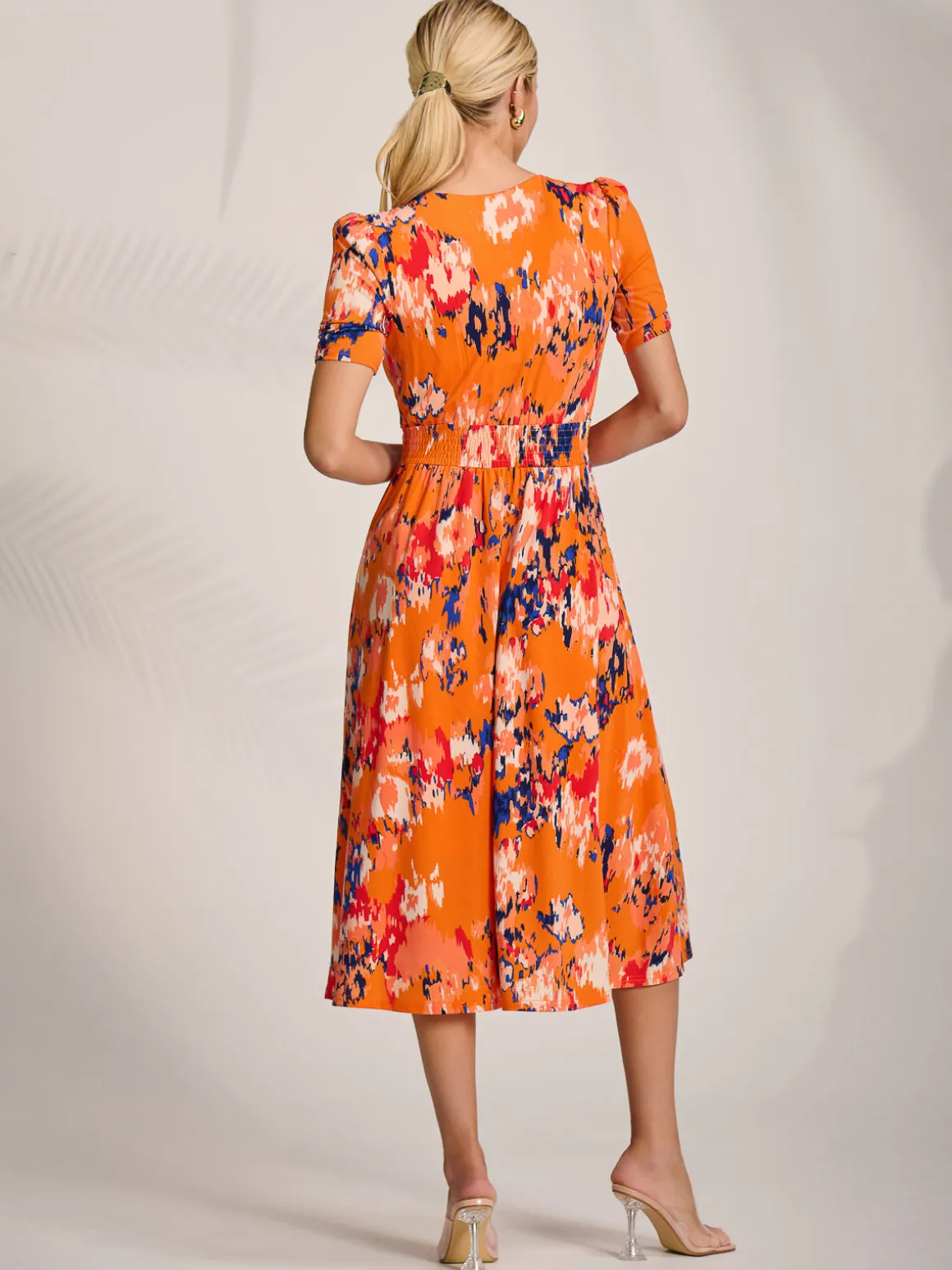 Short Sleeve Printed Jersey Midi Dress, Orange Abstract