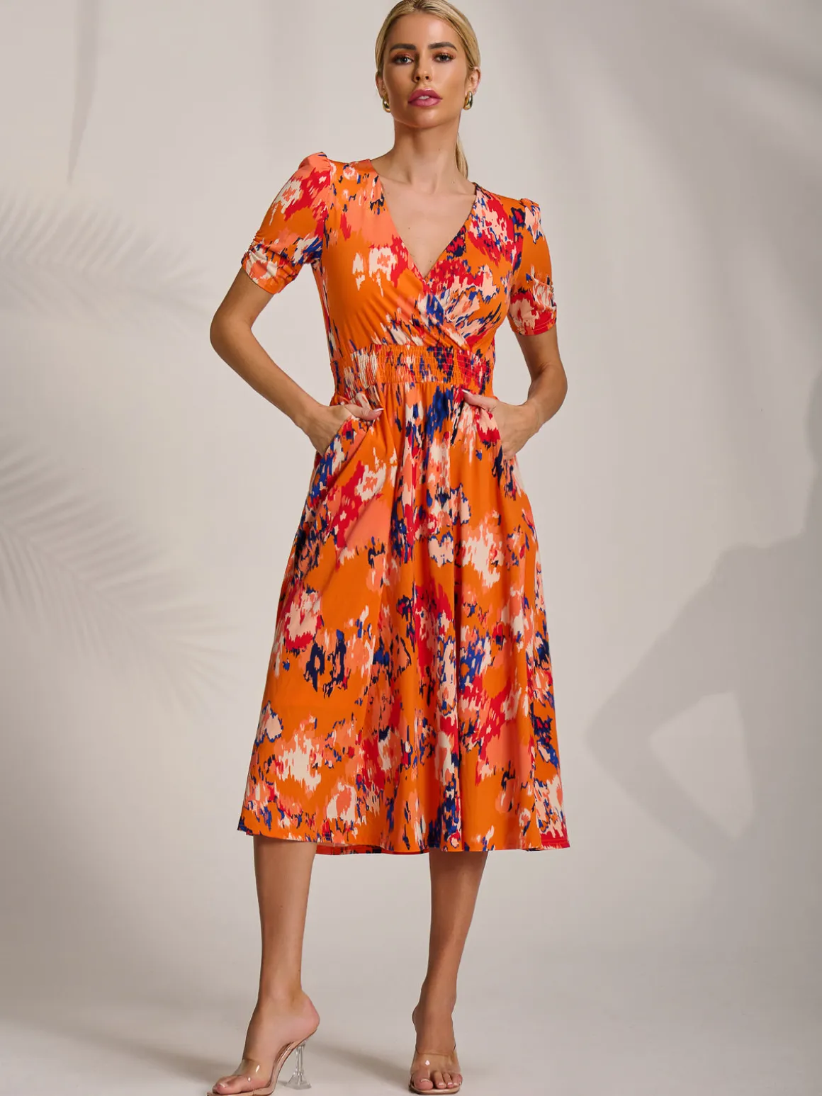 Short Sleeve Printed Jersey Midi Dress, Orange Abstract