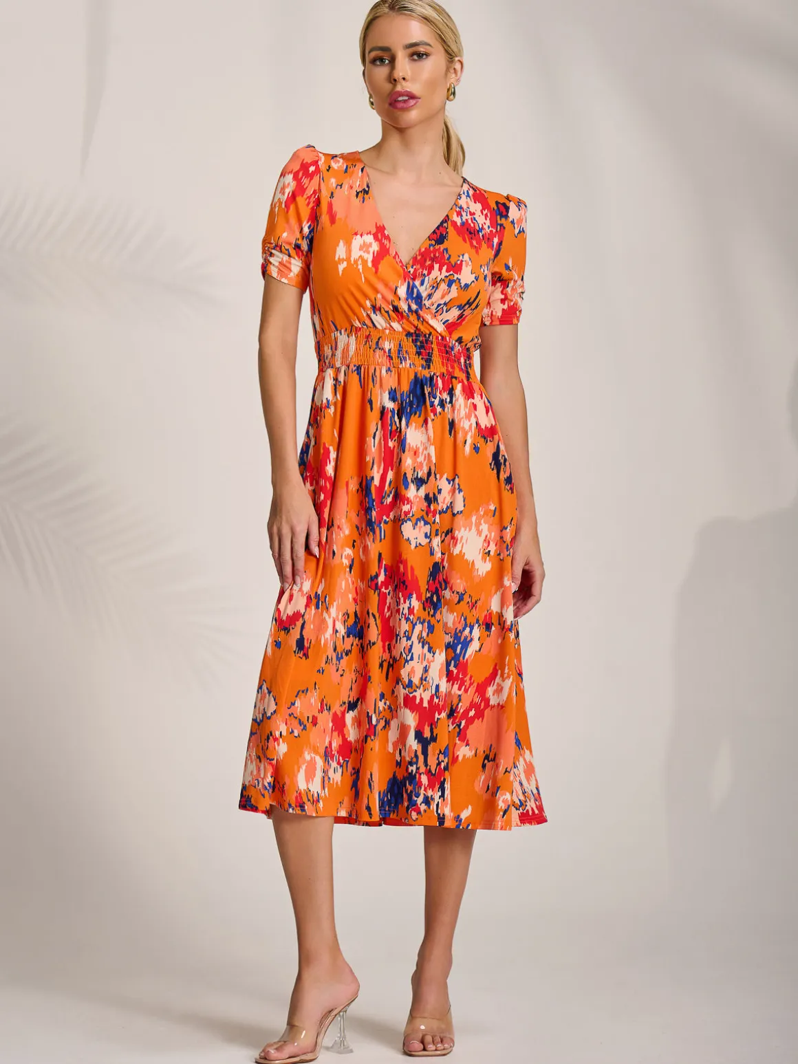 Short Sleeve Printed Jersey Midi Dress, Orange Abstract