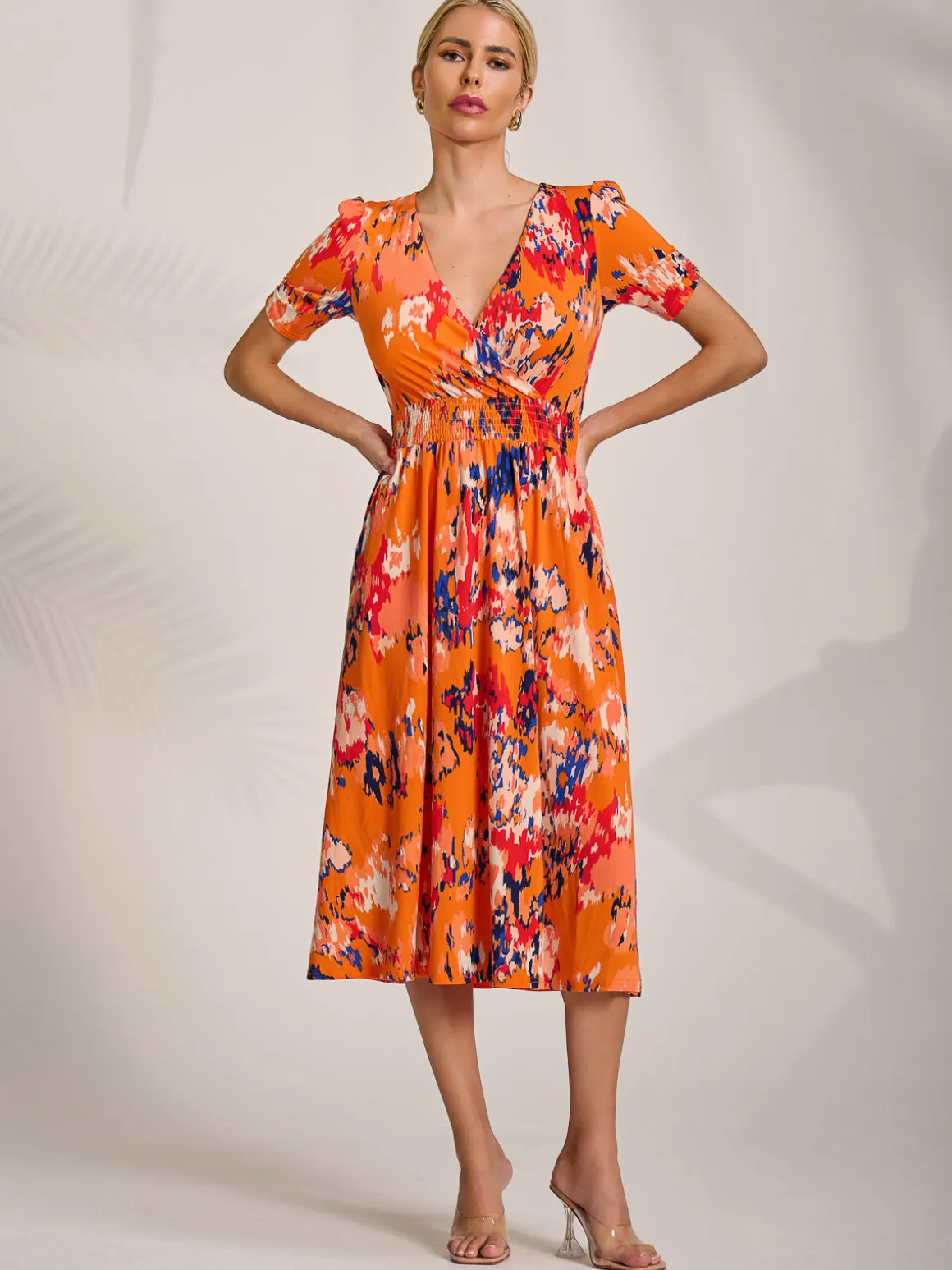Short Sleeve Printed Jersey Midi Dress, Orange Abstract