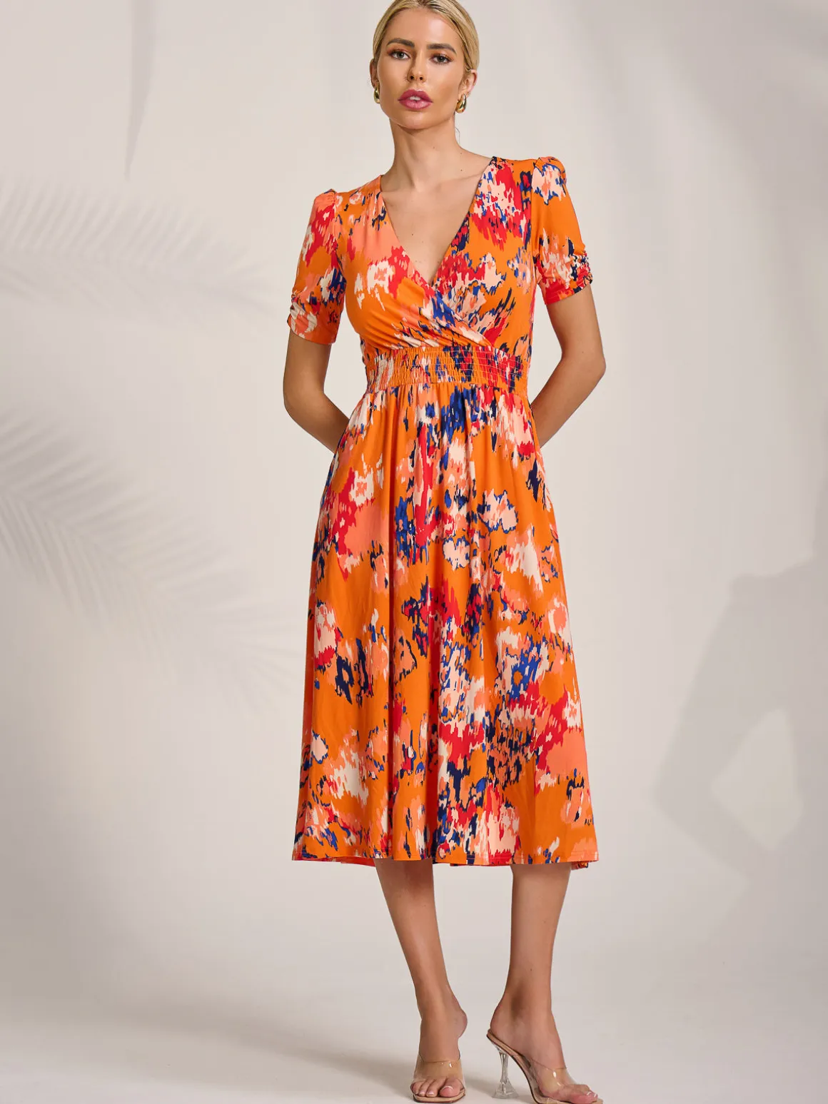 Short Sleeve Printed Jersey Midi Dress, Orange Abstract
