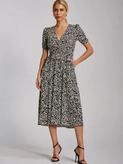Short Sleeve Printed Jersey Midi Dress, White Animal