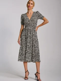Short Sleeve Printed Jersey Midi Dress, White Animal