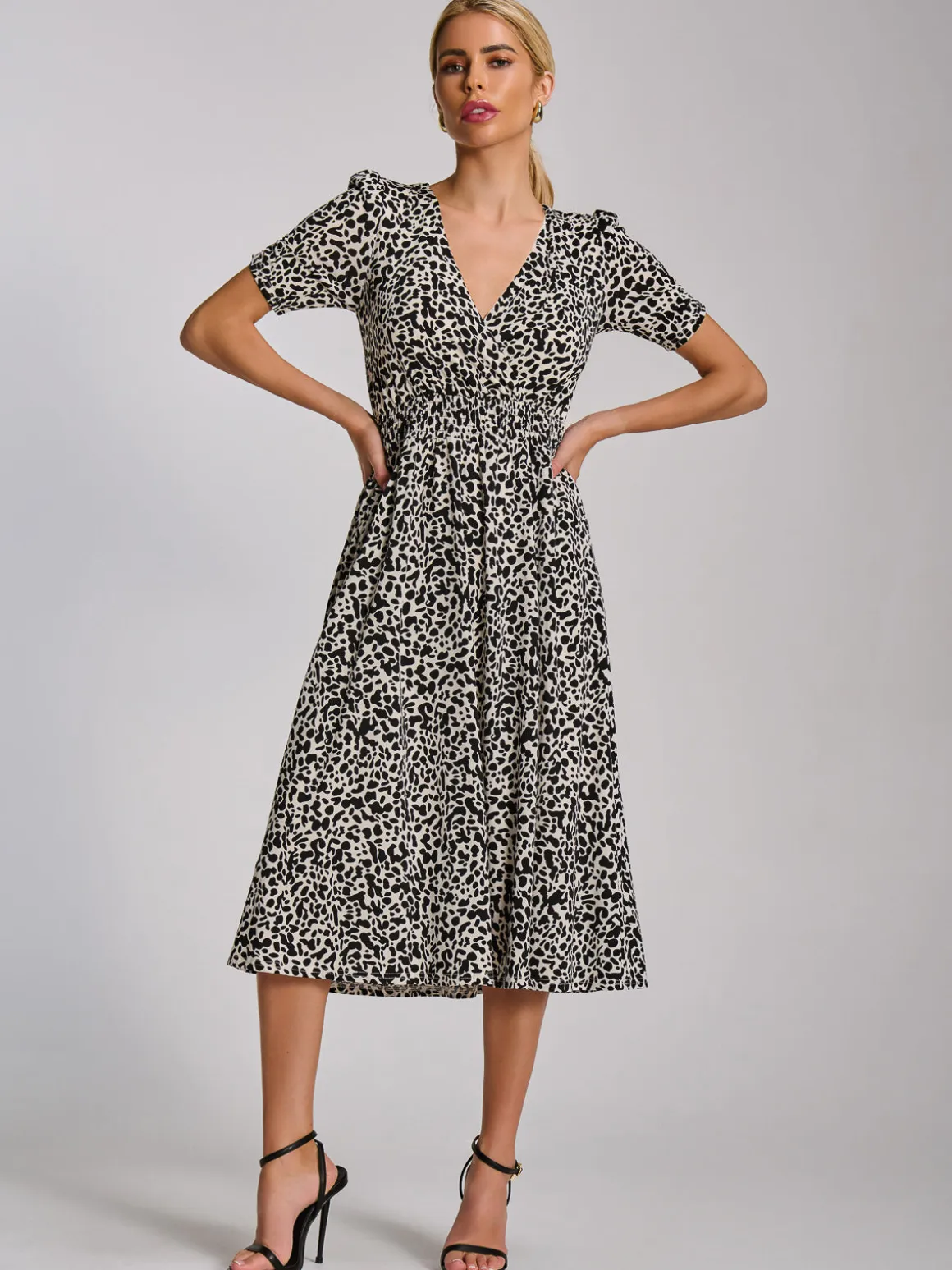 Short Sleeve Printed Jersey Midi Dress, White Animal