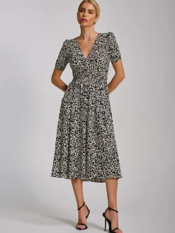 Short Sleeve Printed Jersey Midi Dress, White Animal