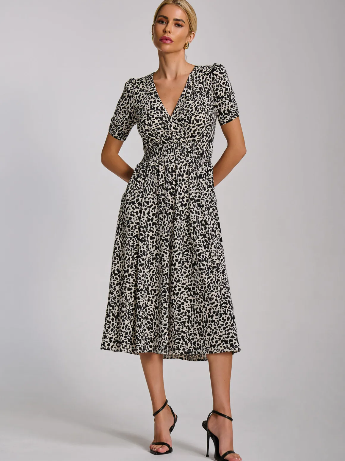 Short Sleeve Printed Jersey Midi Dress, White Animal