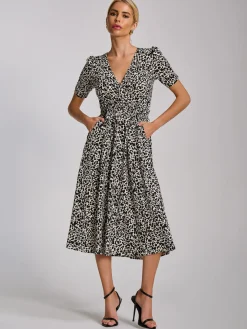 Short Sleeve Printed Jersey Midi Dress, White Animal