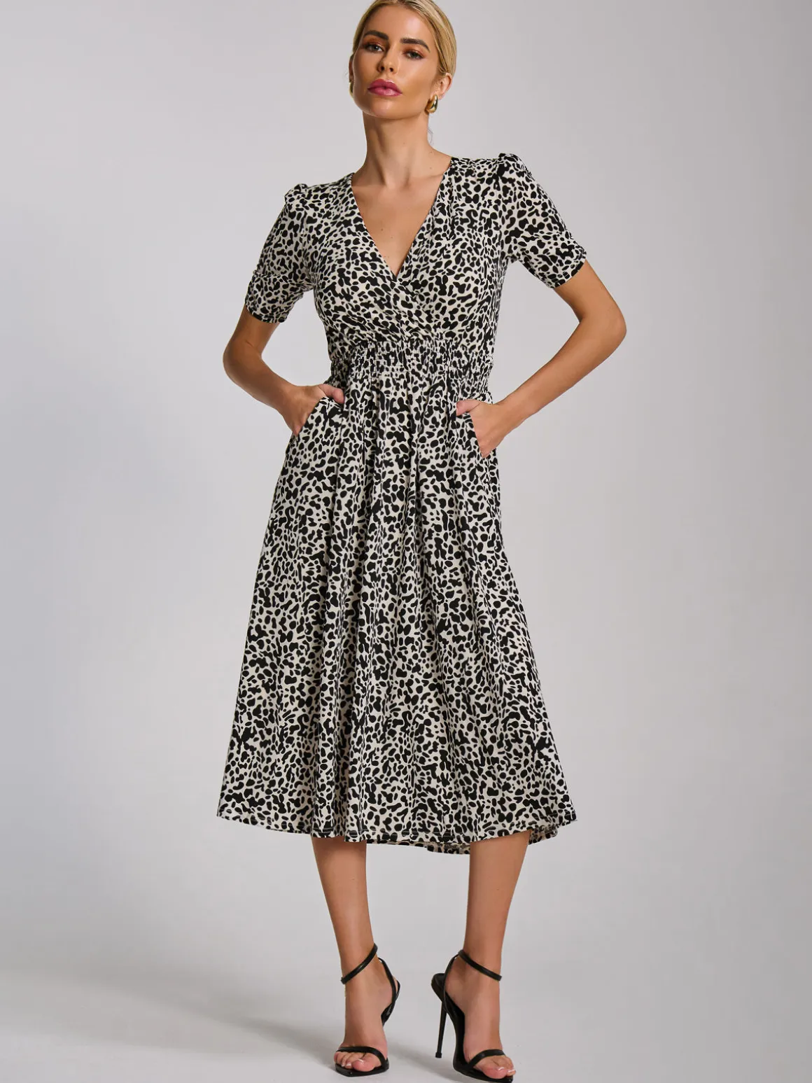Short Sleeve Printed Jersey Midi Dress, White Animal