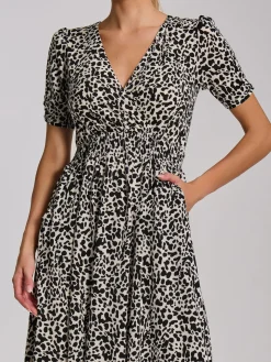 Short Sleeve Printed Jersey Midi Dress, White Animal