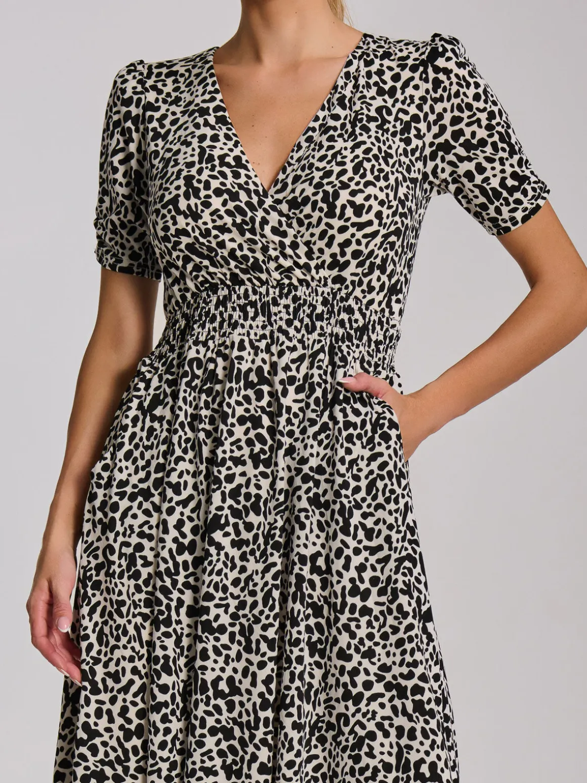 Short Sleeve Printed Jersey Midi Dress, White Animal