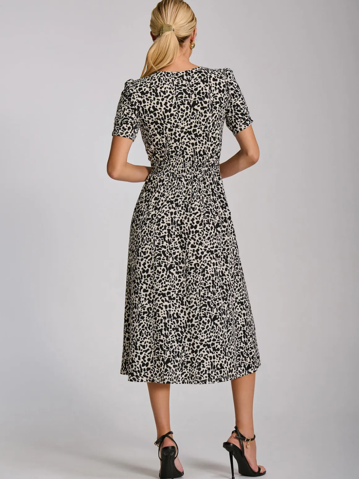 Short Sleeve Printed Jersey Midi Dress, White Animal