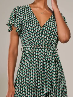 Short Sleeve Side Tie Midi Dress, Green Geo