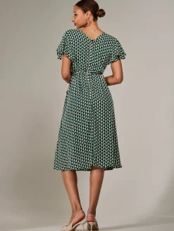 Short Sleeve Side Tie Midi Dress, Green Geo