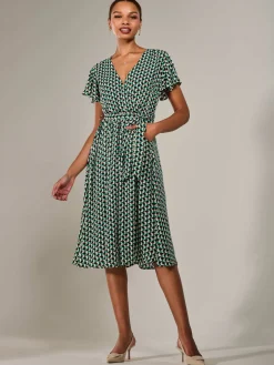 Short Sleeve Side Tie Midi Dress, Green Geo