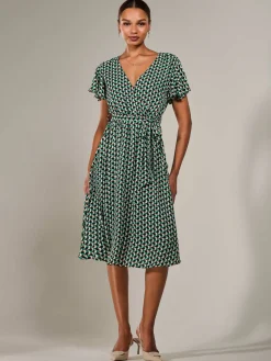 Short Sleeve Side Tie Midi Dress, Green Geo