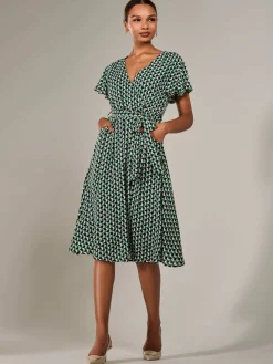Short Sleeve Side Tie Midi Dress, Green Geo