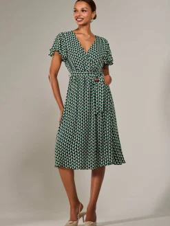 Short Sleeve Side Tie Midi Dress, Green Geo