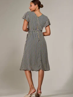 Short Sleeve Side Tie Midi Dress, Pink Geo