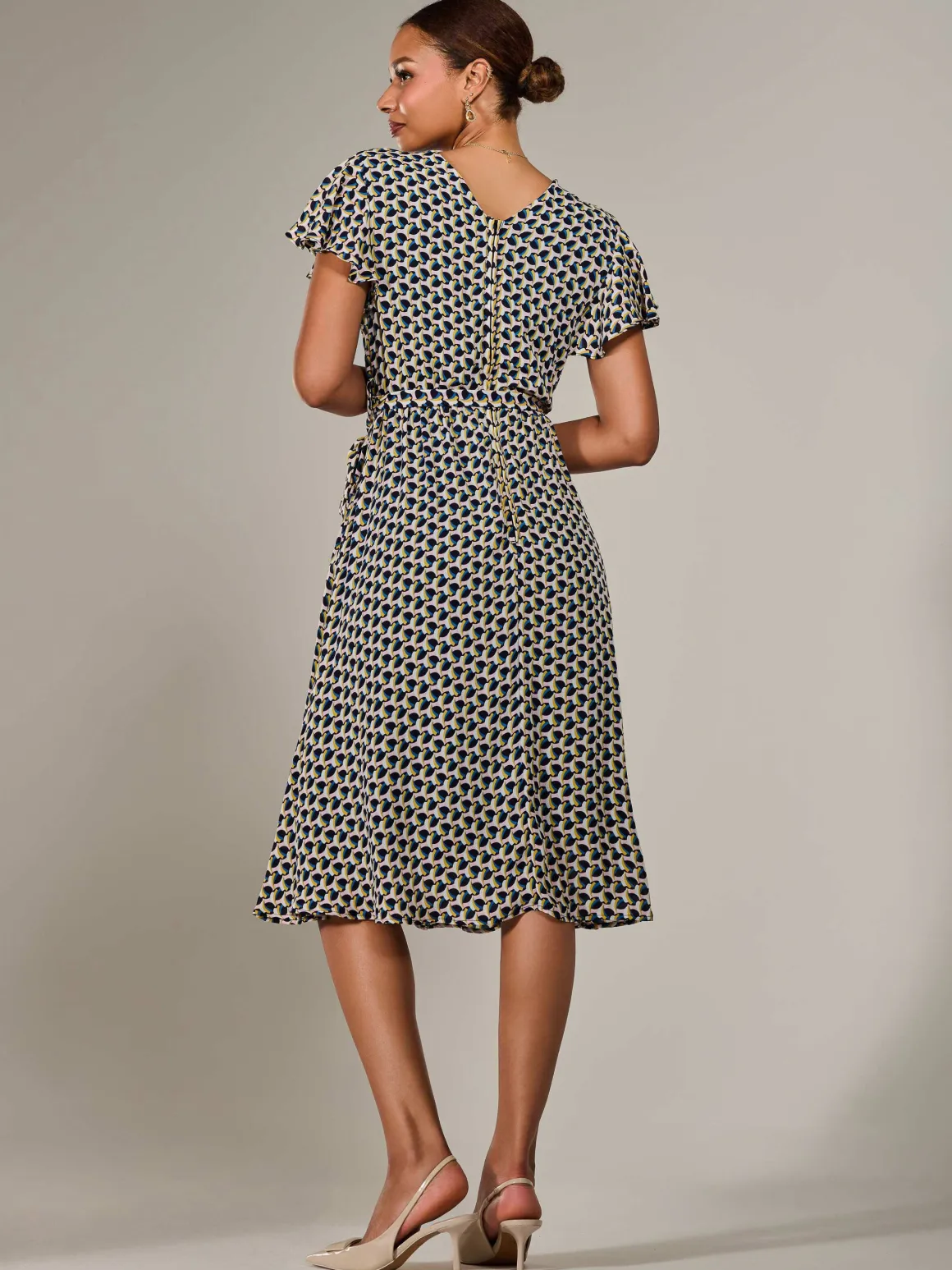Short Sleeve Side Tie Midi Dress, Pink Geo