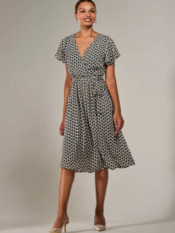 Short Sleeve Side Tie Midi Dress, Pink Geo