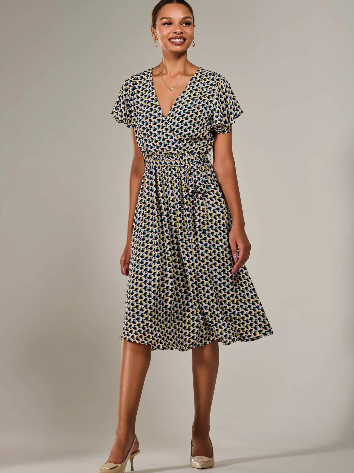 Short Sleeve Side Tie Midi Dress, Pink Geo