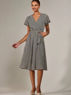 Short Sleeve Side Tie Midi Dress, Pink Geo
