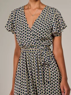 Short Sleeve Side Tie Midi Dress, Pink Geo