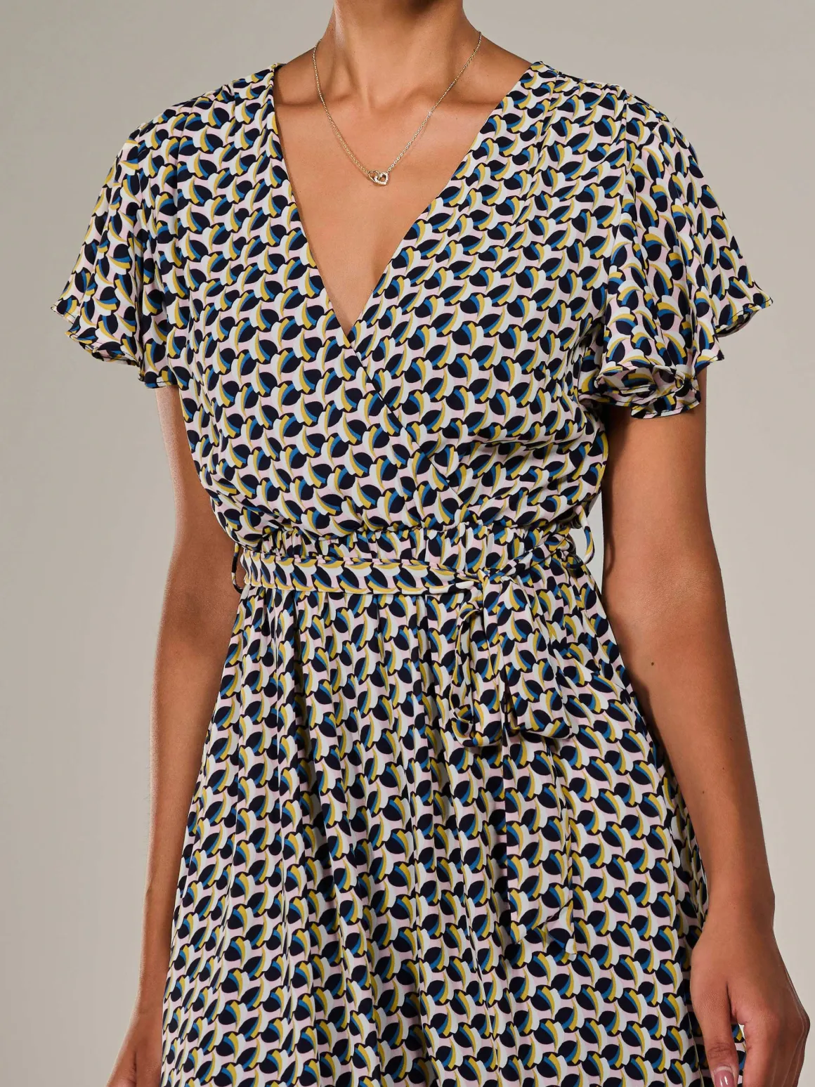 Short Sleeve Side Tie Midi Dress, Pink Geo