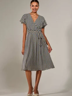 Short Sleeve Side Tie Midi Dress, Pink Geo