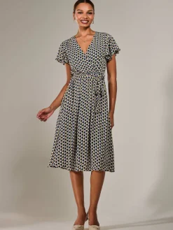 Short Sleeve Side Tie Midi Dress, Pink Geo