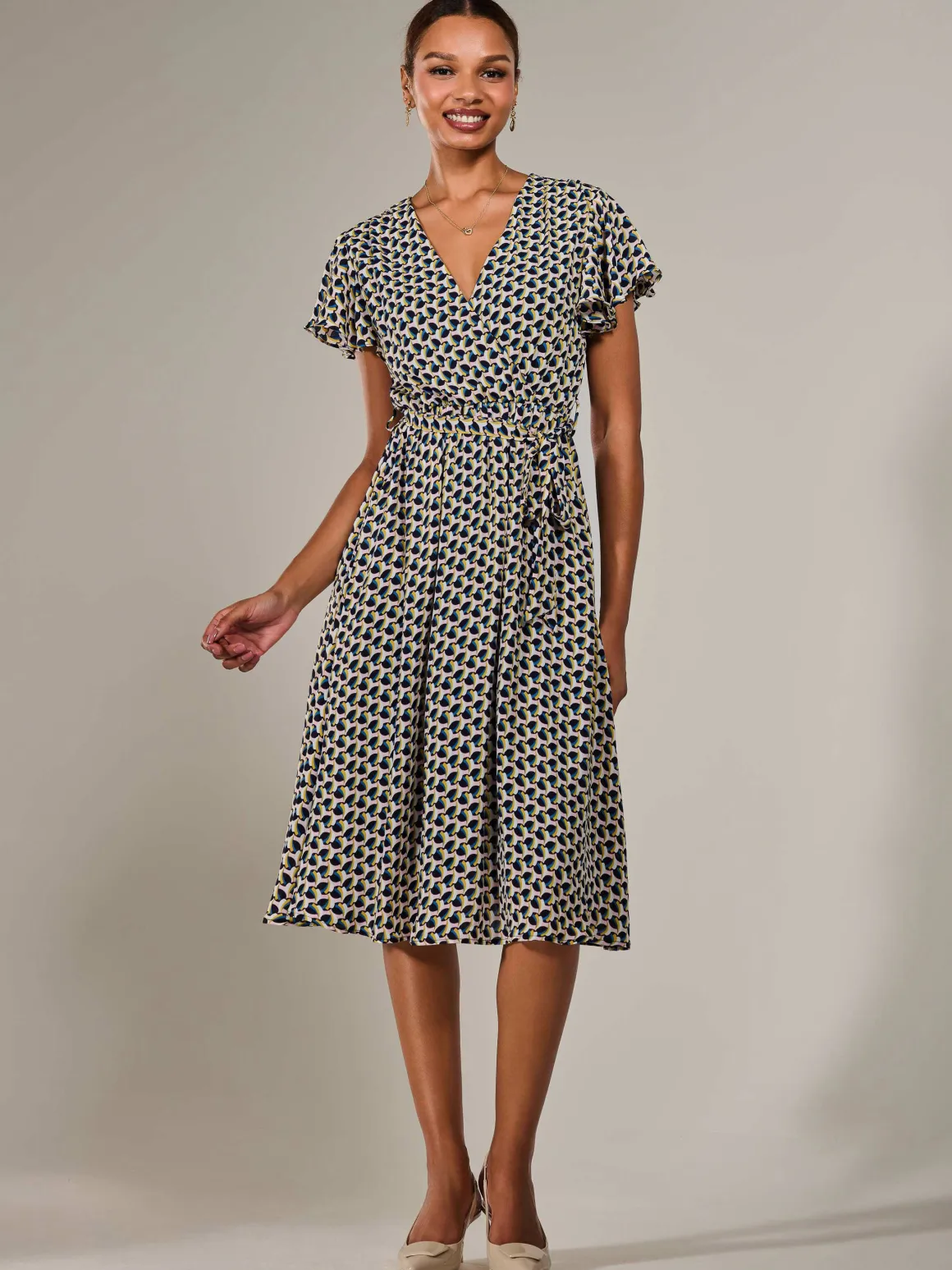 Short Sleeve Side Tie Midi Dress, Pink Geo