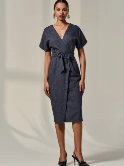 Short Sleeve Tie Waist Midi Dress, Dark Grey