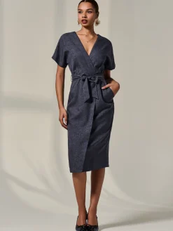 Short Sleeve Tie Waist Midi Dress, Dark Grey