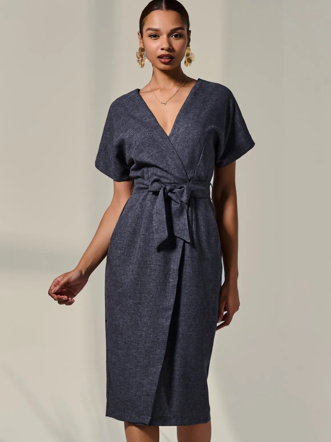 Short Sleeve Tie Waist Midi Dress, Dark Grey