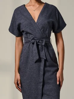 Short Sleeve Tie Waist Midi Dress, Dark Grey