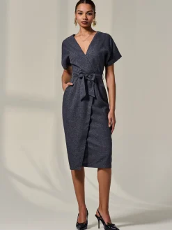 Short Sleeve Tie Waist Midi Dress, Dark Grey
