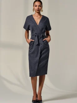 Short Sleeve Tie Waist Midi Dress, Dark Grey