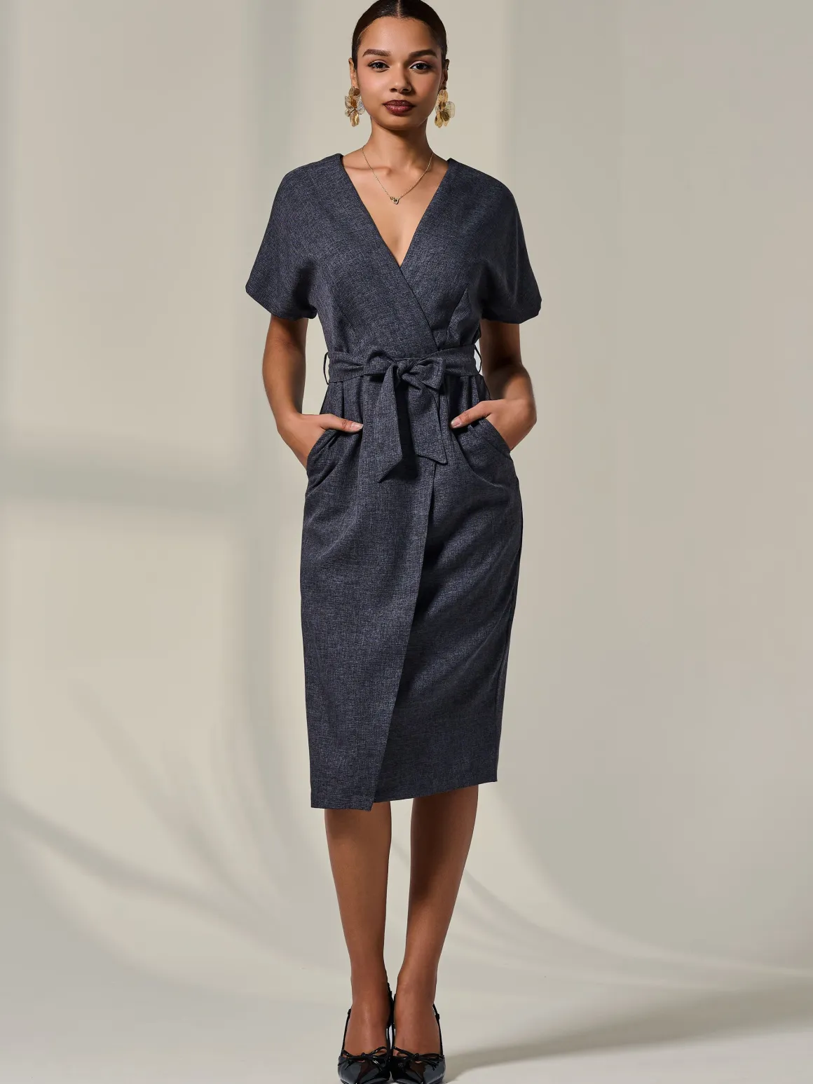 Short Sleeve Tie Waist Midi Dress, Dark Grey