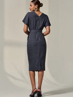 Short Sleeve Tie Waist Midi Dress, Dark Grey