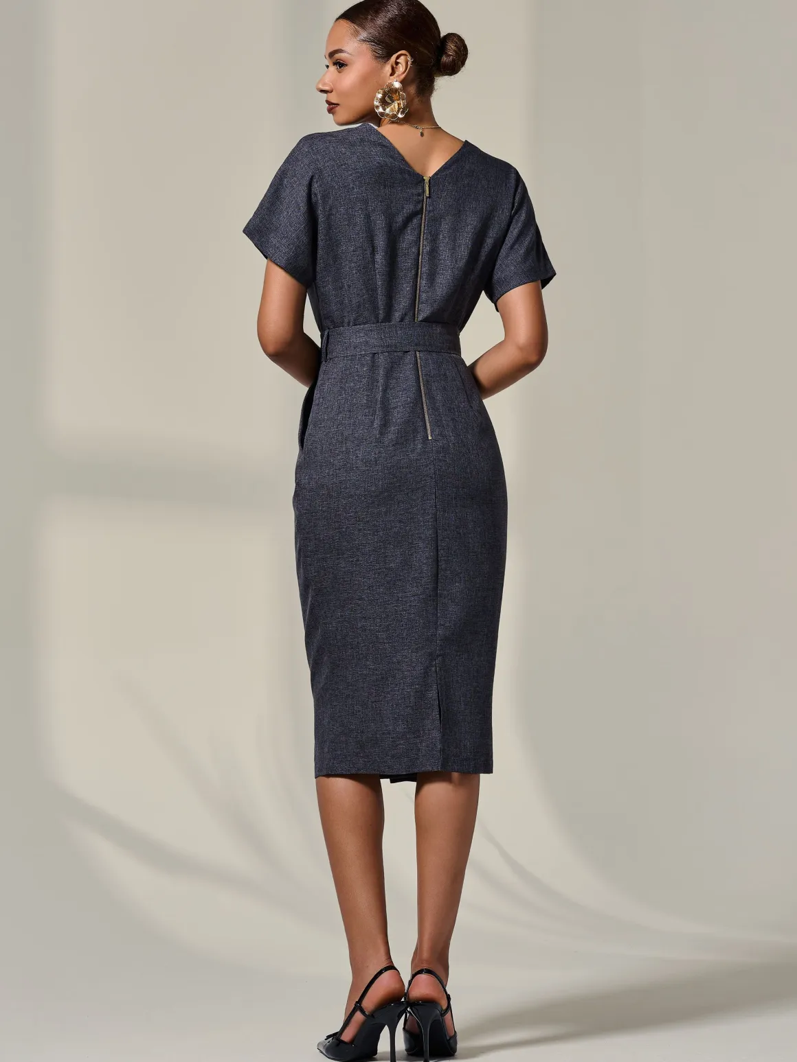 Short Sleeve Tie Waist Midi Dress, Dark Grey
