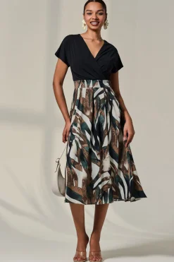 Short Sleeve Two Tone Midaxi Dress, Black Abstract