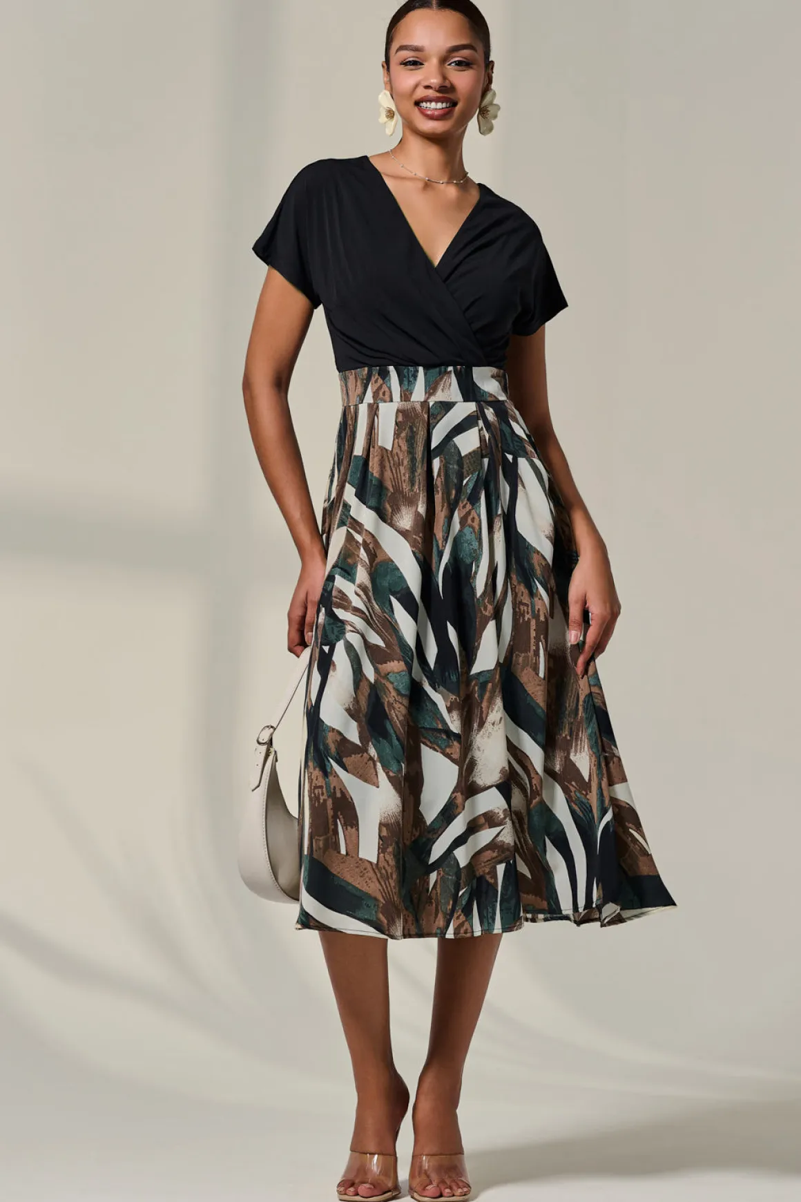 Short Sleeve Two Tone Midaxi Dress, Black Abstract
