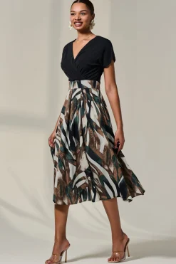 Short Sleeve Two Tone Midaxi Dress, Black Abstract