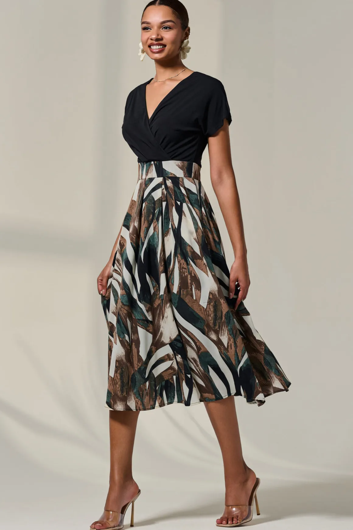 Short Sleeve Two Tone Midaxi Dress, Black Abstract