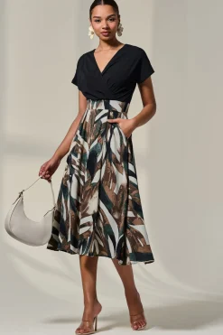 Short Sleeve Two Tone Midaxi Dress, Black Abstract