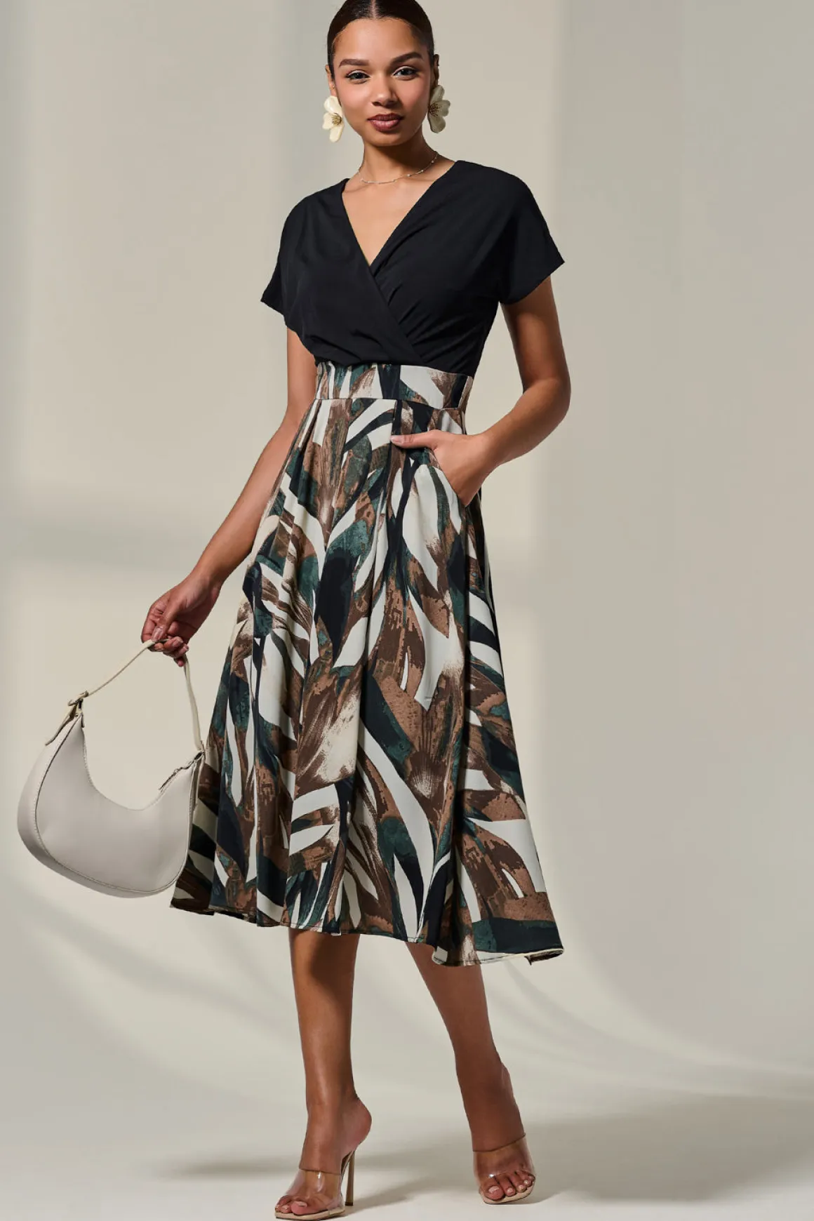 Short Sleeve Two Tone Midaxi Dress, Black Abstract