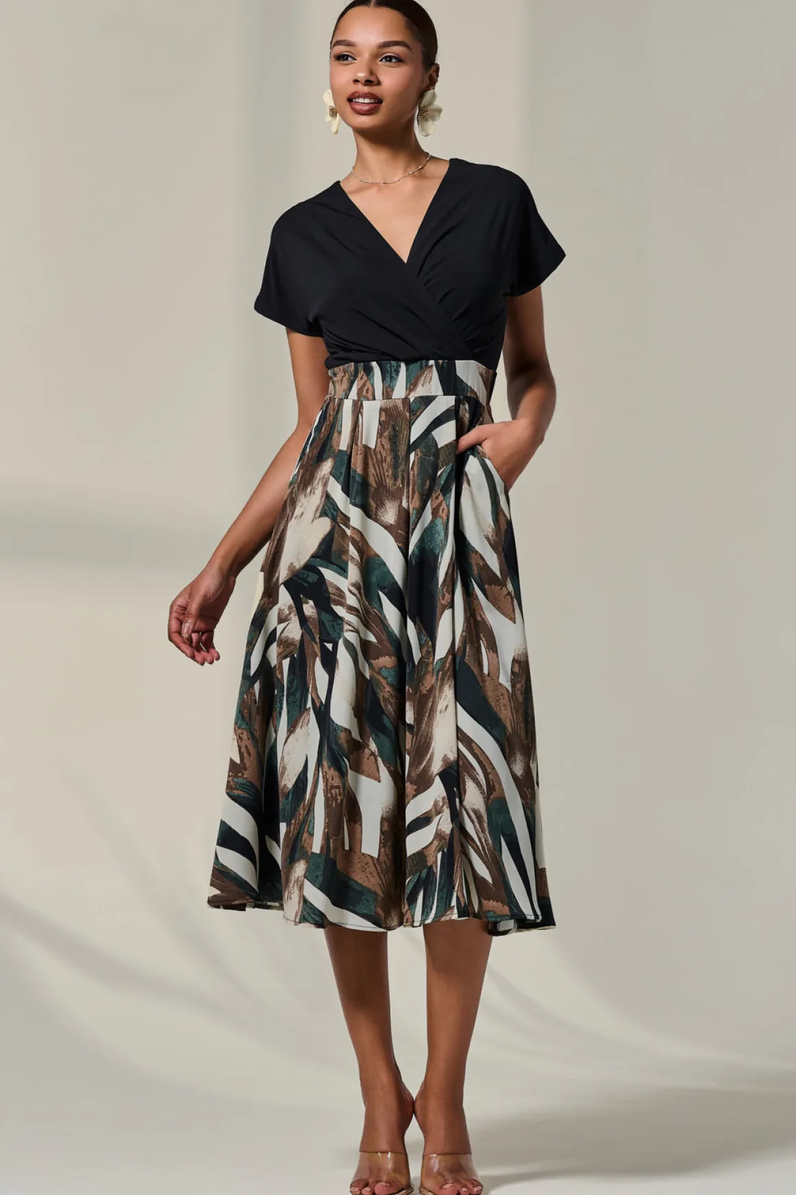 Short Sleeve Two Tone Midaxi Dress, Black Abstract