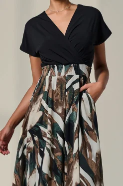 Short Sleeve Two Tone Midaxi Dress, Black Abstract